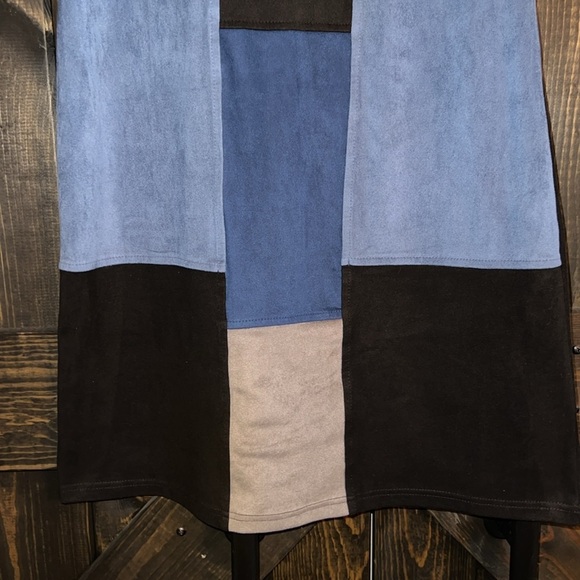 Spense Patchwork Dress 4 Denim Blue Grey Faux Suede Sheath Vtg Stretch Boho 90s - Picture 5 of 13